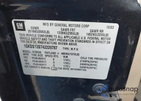 2004 GMC Envoy Sle z USA, uszkodzony, nr VIN 1GKDS13S742229787